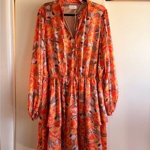 Women's Orange Floral Tiered Midi Dress with V-Neck